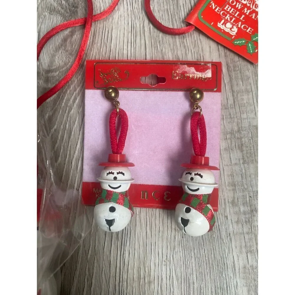 Vintage Snowman jingle bell necklace and earrings